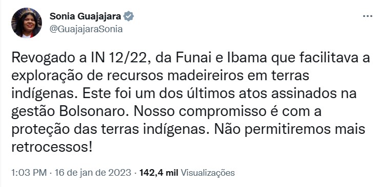 print do twitter da ministra Sonia Guajajara