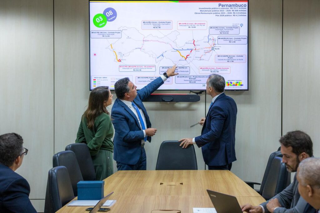 A governadora Raquel Lyra e o ministro Renan Filho debateram obras em Pernambuco, incluindo o Arco Metropolitano Foto: Divulgação/MTransportes