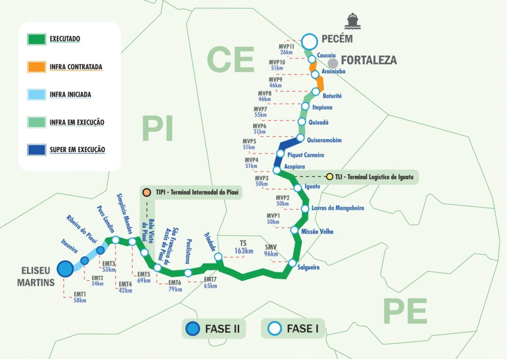 Mapa atualizado da Transnordestina nos trechos de Piauí, Ceará e Pernambuco - Foto: Divulgação
