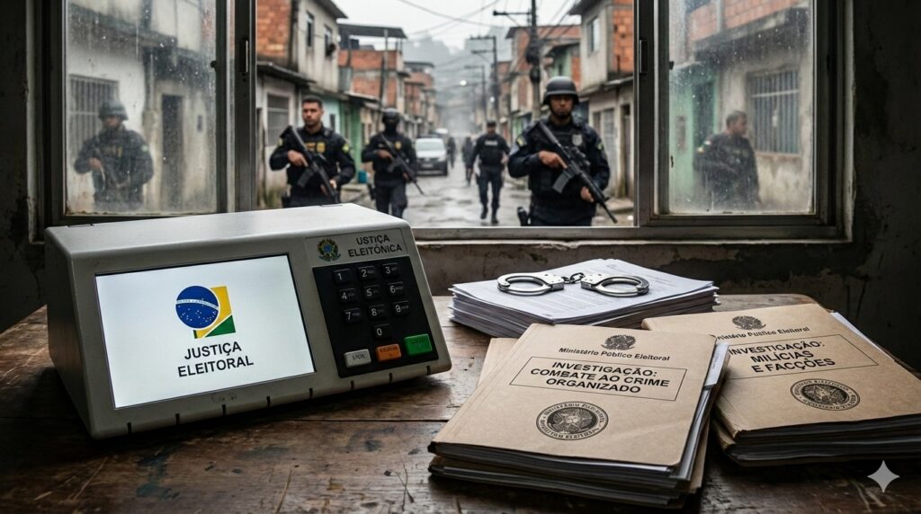 O Ministério Público Eleitoral criou grupos de trabalho para combater influência do crime organizado em campanhas, candidaturas e redutos eleitorais Foto gerada por IA