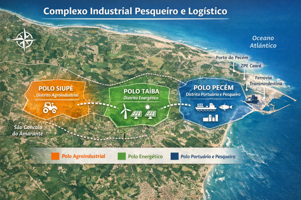 Complexo Industrial Pesqueiro e Logístico abrangerá os distritos de Siupé, Taíba e Pecém e poderá operar de forma integrada ao Complexo Industrial e Portuário do Pecém (CIPP) - Foto: Divulgação