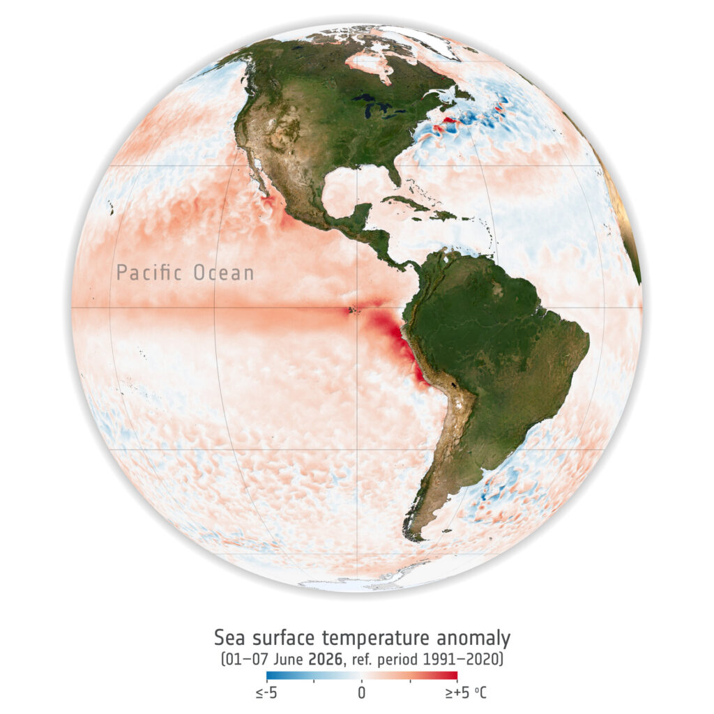 Imagem produzida pela Agência Espacial Europeia (ESA) com dados do satélite Copernicus Sentinel-3 mostra as anomalias de temperatura da superfície do Oceano Pacífico Equatorial entre 1º e 7 de junho de 2026, confirmando incidência do El Niño. Foto: ESA/Copernicus Sentinel-3