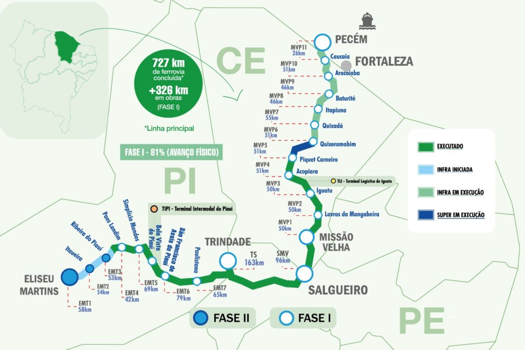 Mapa mais recente que mostra as obras da Transnordestina - Foto: Divulgação