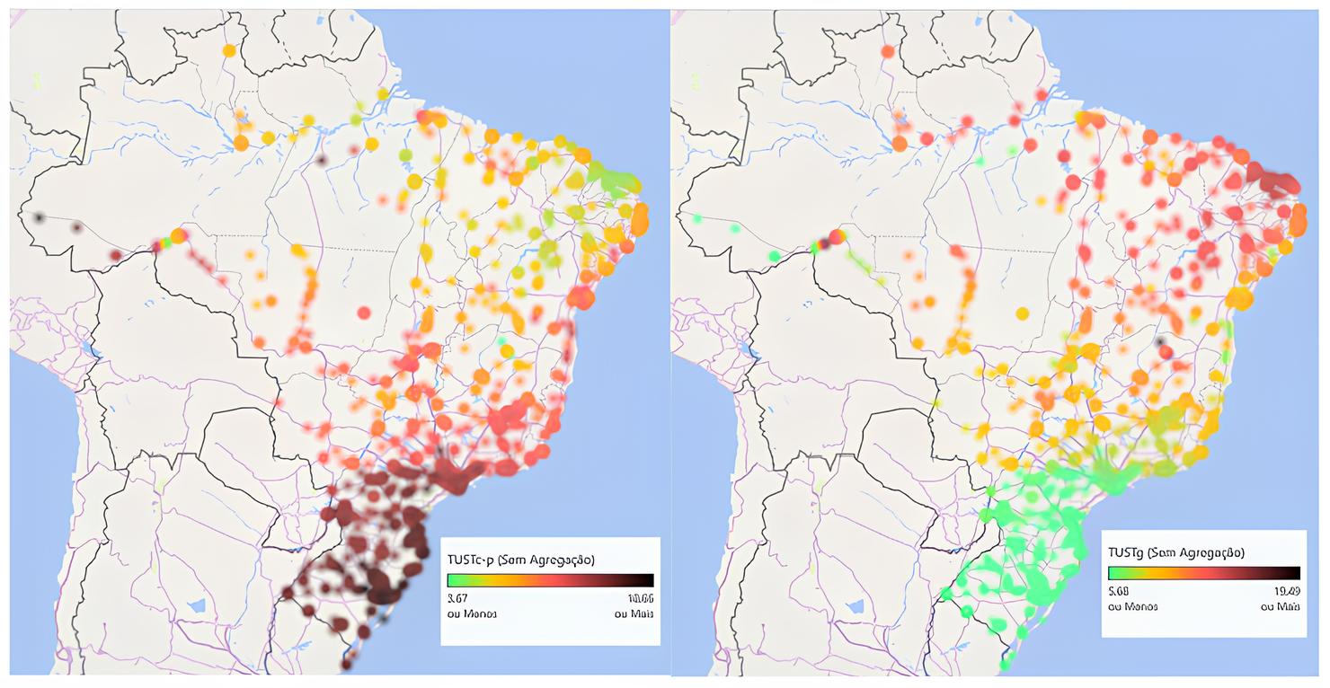 Mapas da Aneel mostram a distribuição da TUST por região. À esquerda, tarifas para consumidores (TUSTc-p): Nordeste em tons claros, piso de R$ 3,67/kW. À direita, tarifas para geradores (TUSTg): Sul em verde, Nordeste em laranja e vermelho. Arte: Aneel