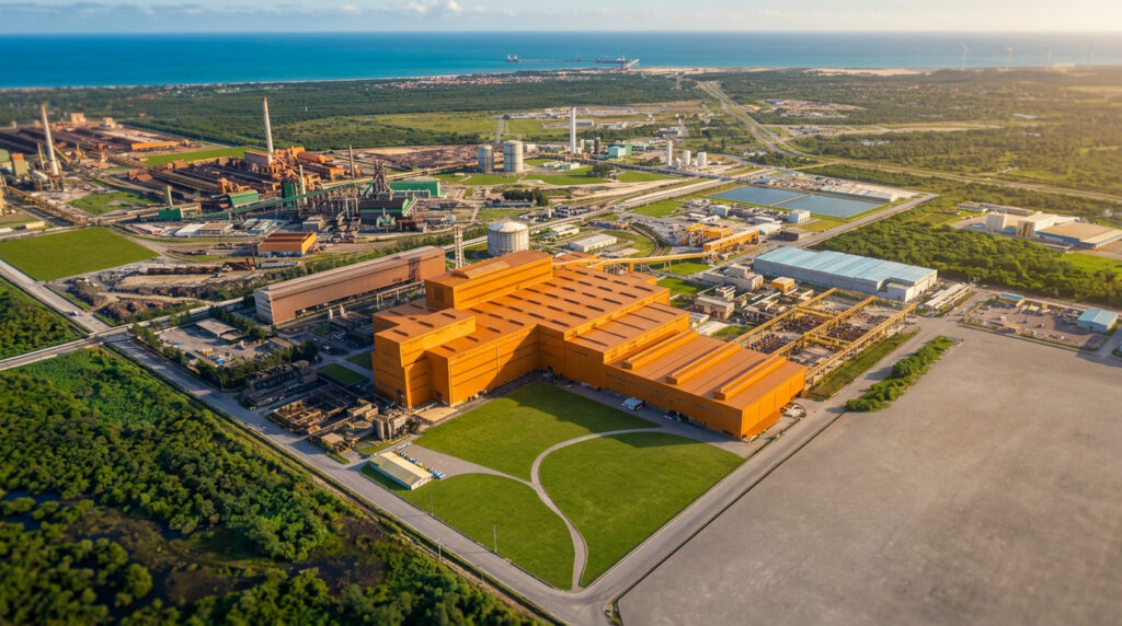 Unidade da ArcelorMittal em São Gonçalo do Amarante (CE): planta hoje produz apenas placas de aço e pode passar a fabricar também bobinas laminadas a quente - Foto: Divulgação