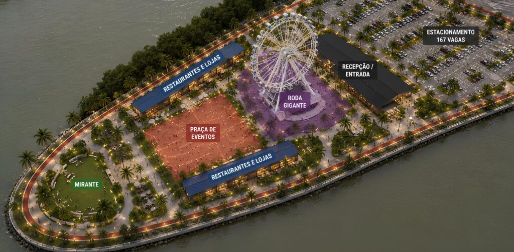 O projeto prevê, além da roda-gigante, a implantação de espaços comerciais, áreas gastronômicas, eventos e publicidade, no bairro Coroa do Meio, em Aracaju. Imagem: think/Governo de Sergipe