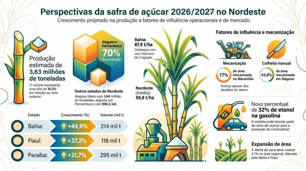 Perspectivas da safra de açúcar 2026-2027 no Nordeste segundo o Etene do BNB